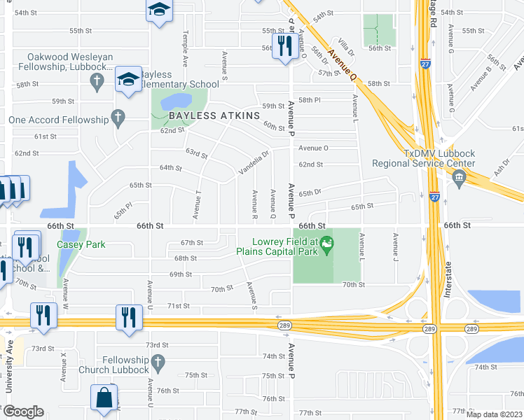 map of restaurants, bars, coffee shops, grocery stores, and more near 6501 Avenue R in Lubbock
