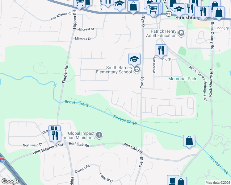map of restaurants, bars, coffee shops, grocery stores, and more near 134 Glynn Addy Drive in Stockbridge