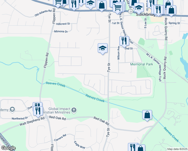map of restaurants, bars, coffee shops, grocery stores, and more near 134 Glynn Addy Drive in Stockbridge