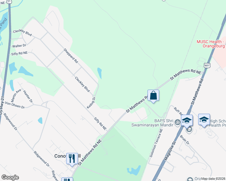 map of restaurants, bars, coffee shops, grocery stores, and more near 2565 Saint Matthews Road Northeast in Orangeburg