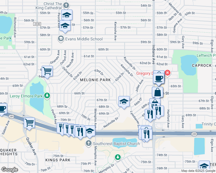 map of restaurants, bars, coffee shops, grocery stores, and more near 3716 64th Drive in Lubbock