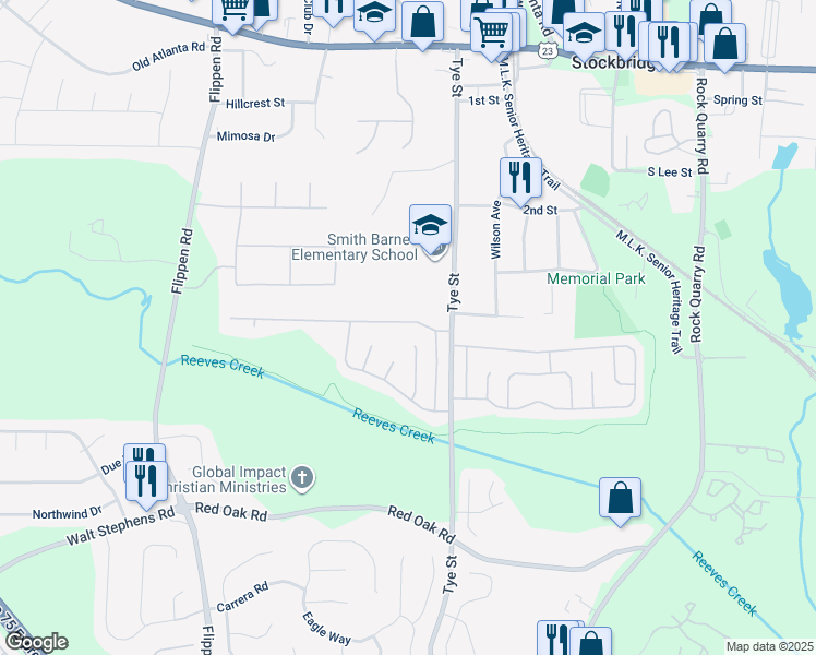 map of restaurants, bars, coffee shops, grocery stores, and more near 116 Glynn Addy Drive in Stockbridge