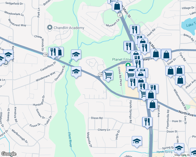 map of restaurants, bars, coffee shops, grocery stores, and more near 509 Georgia 138 in Jonesboro