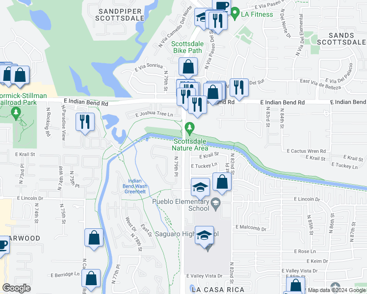 map of restaurants, bars, coffee shops, grocery stores, and more near 6762 Hayden Road in Scottsdale