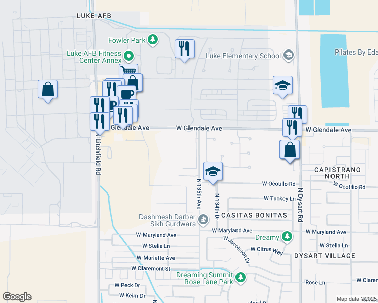 map of restaurants, bars, coffee shops, grocery stores, and more near 13517 West Glendale Avenue in Glendale