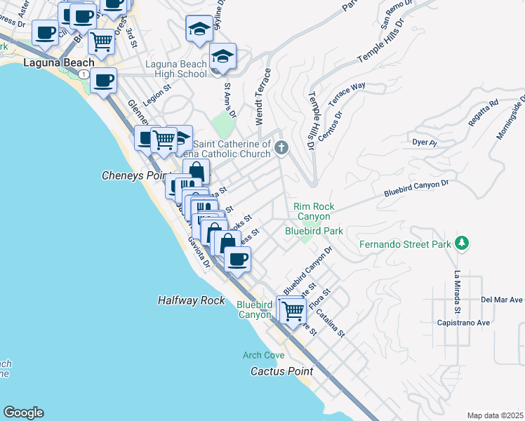 map of restaurants, bars, coffee shops, grocery stores, and more near 581 Brooks Street in Laguna Beach