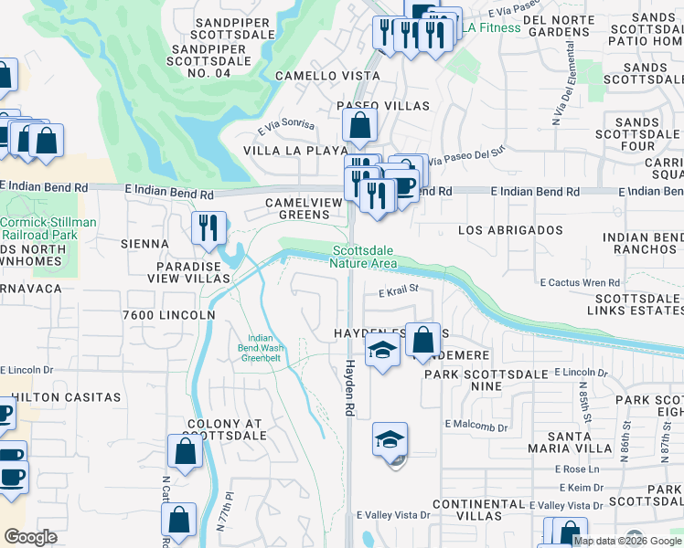 map of restaurants, bars, coffee shops, grocery stores, and more near 7996 East Cactus Wren Road in Scottsdale