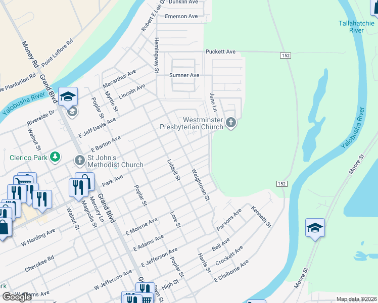 map of restaurants, bars, coffee shops, grocery stores, and more near 602 East Park Avenue in Greenwood