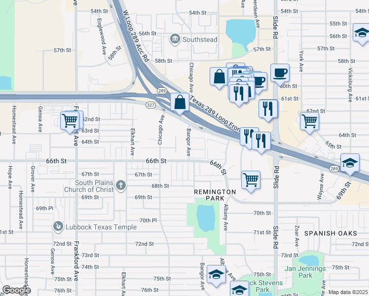 map of restaurants, bars, coffee shops, grocery stores, and more near 5402 66th Street in Lubbock