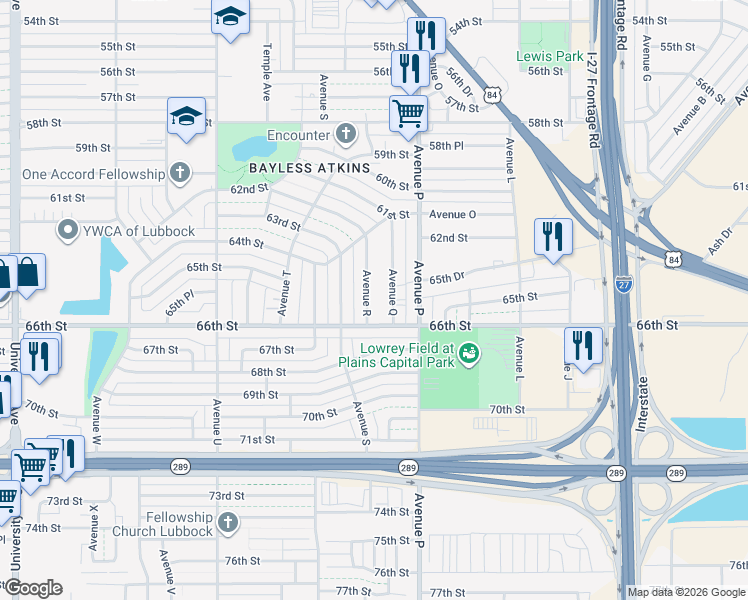 map of restaurants, bars, coffee shops, grocery stores, and more near 6434 Avenue Q in Lubbock