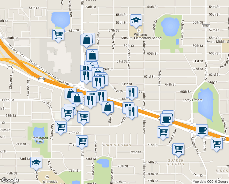 map of restaurants, bars, coffee shops, grocery stores, and more near 4916 65th Street in Lubbock