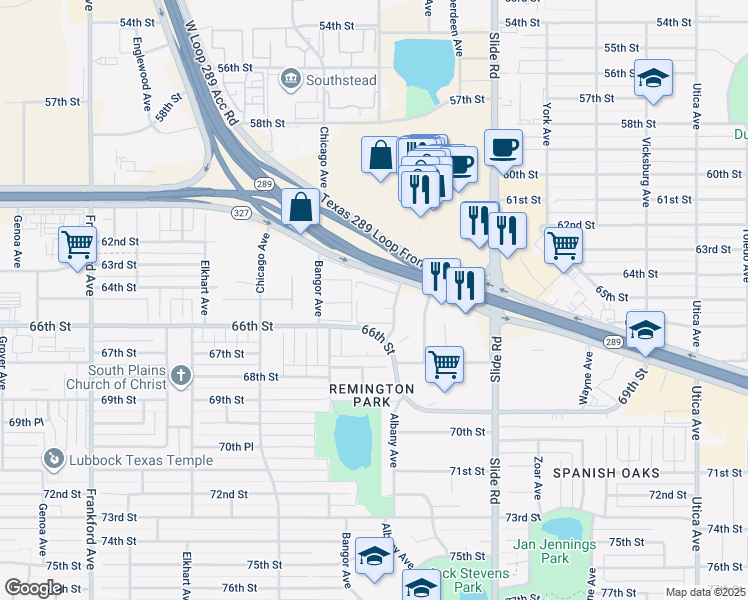 map of restaurants, bars, coffee shops, grocery stores, and more near 6402 Albany Avenue in Lubbock