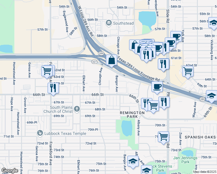 map of restaurants, bars, coffee shops, grocery stores, and more near 5402 66th Street in Lubbock