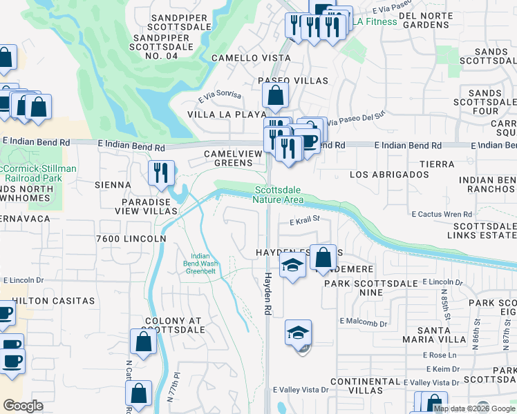 map of restaurants, bars, coffee shops, grocery stores, and more near 7996 East Cactus Wren Road in Scottsdale