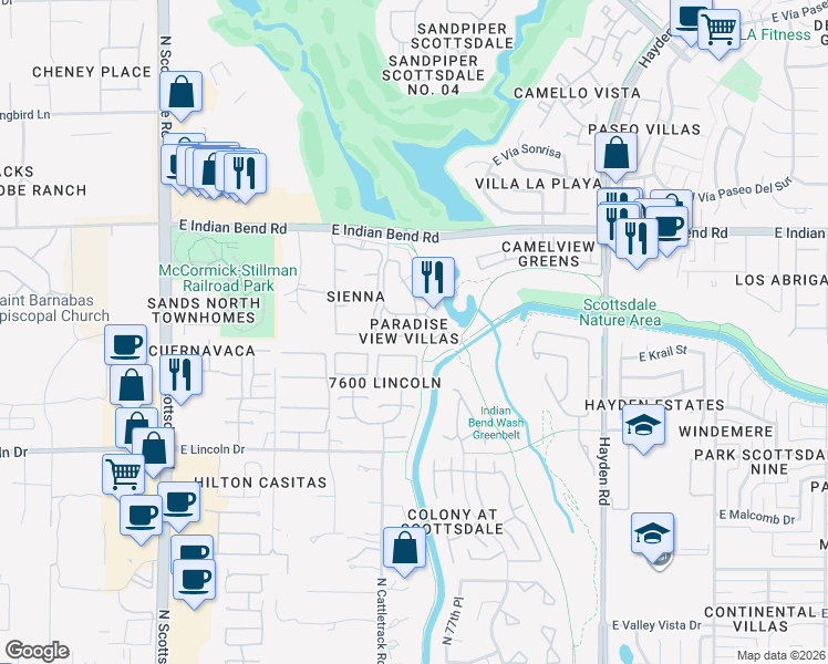 map of restaurants, bars, coffee shops, grocery stores, and more near 7627 East Indian Bend Road in Scottsdale
