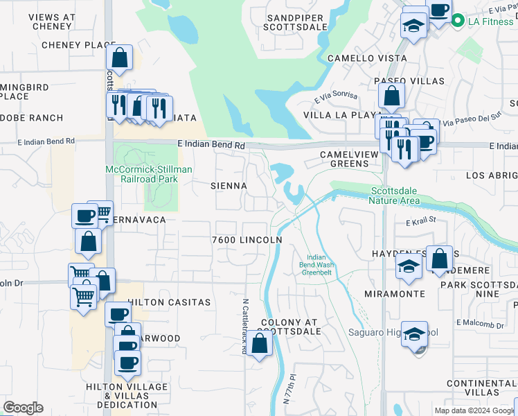 map of restaurants, bars, coffee shops, grocery stores, and more near 7627 East Indian Bend Road in Scottsdale