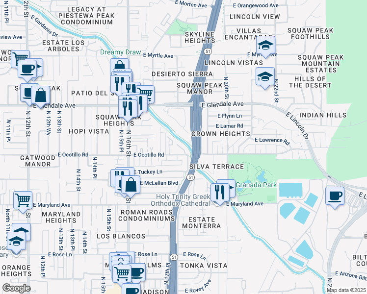 map of restaurants, bars, coffee shops, grocery stores, and more near 6744 North 17th Place in Phoenix