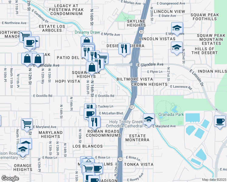 map of restaurants, bars, coffee shops, grocery stores, and more near 6701 North Ocotilla Drive in Phoenix