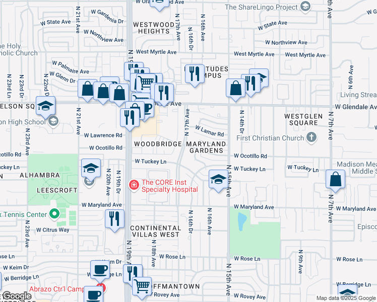 map of restaurants, bars, coffee shops, grocery stores, and more near 6625 North 17th Avenue in Phoenix