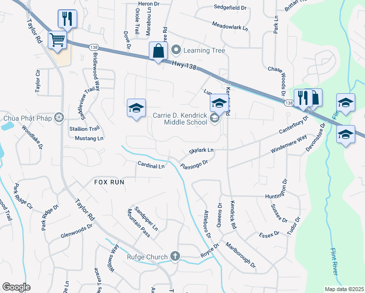map of restaurants, bars, coffee shops, grocery stores, and more near 8034 Sparrow Court in Jonesboro