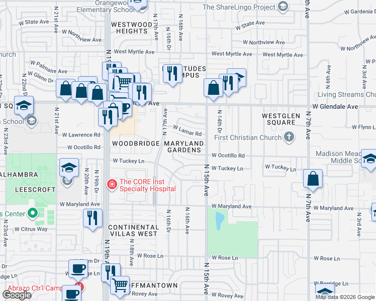 map of restaurants, bars, coffee shops, grocery stores, and more near 1515 West Lawrence Road in Phoenix