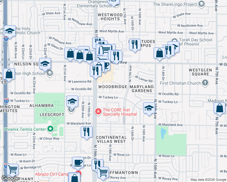 map of restaurants, bars, coffee shops, grocery stores, and more near 1819 West Ocotillo Road in Phoenix