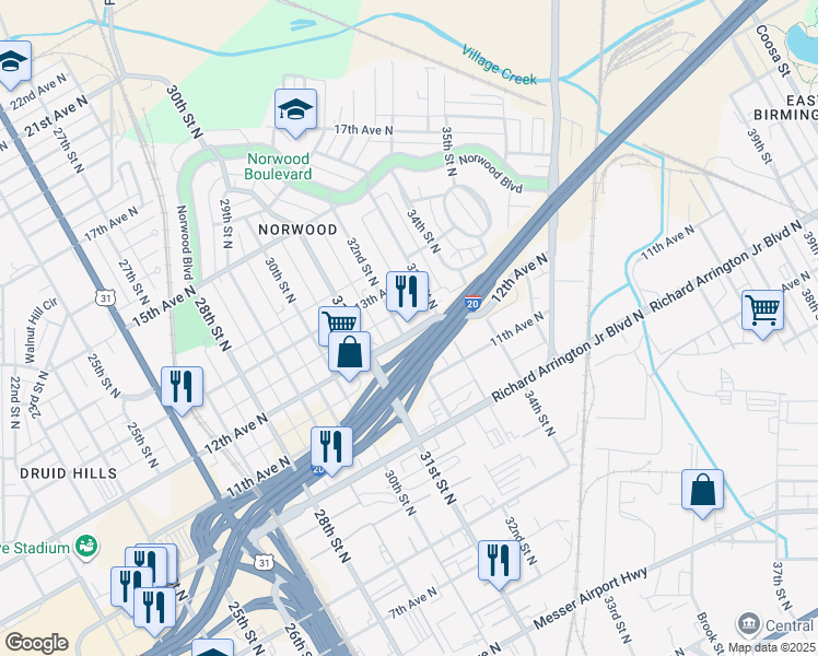 map of restaurants, bars, coffee shops, grocery stores, and more near 3200 12th Avenue North in Birmingham
