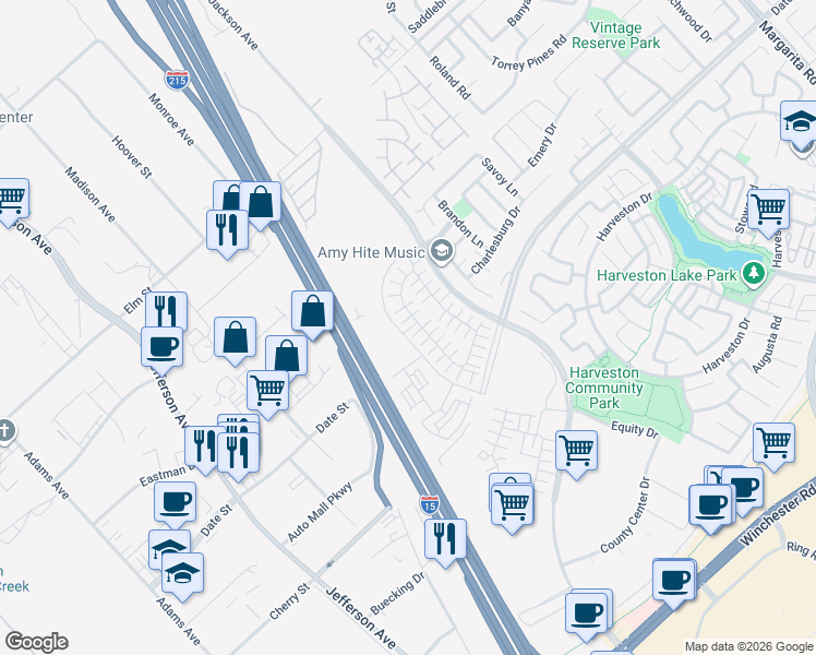map of restaurants, bars, coffee shops, grocery stores, and more near Ynez Road in Temecula