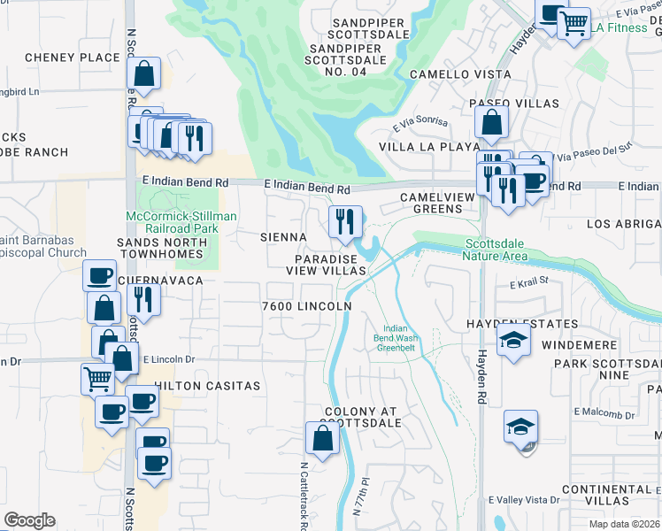 map of restaurants, bars, coffee shops, grocery stores, and more near 7627 East Indian Bend Road in Scottsdale