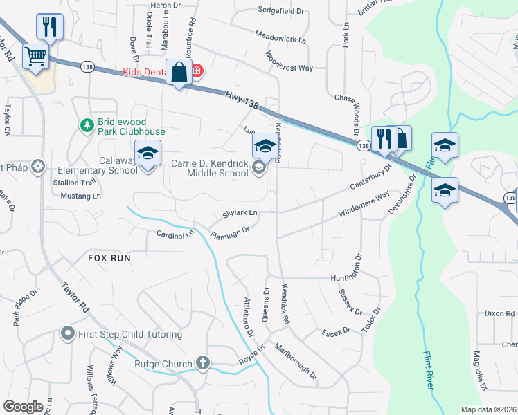 map of restaurants, bars, coffee shops, grocery stores, and more near 114 Skylark Lane in Jonesboro