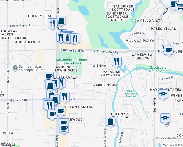 map of restaurants, bars, coffee shops, grocery stores, and more near 6711 North Rocking Road in Scottsdale