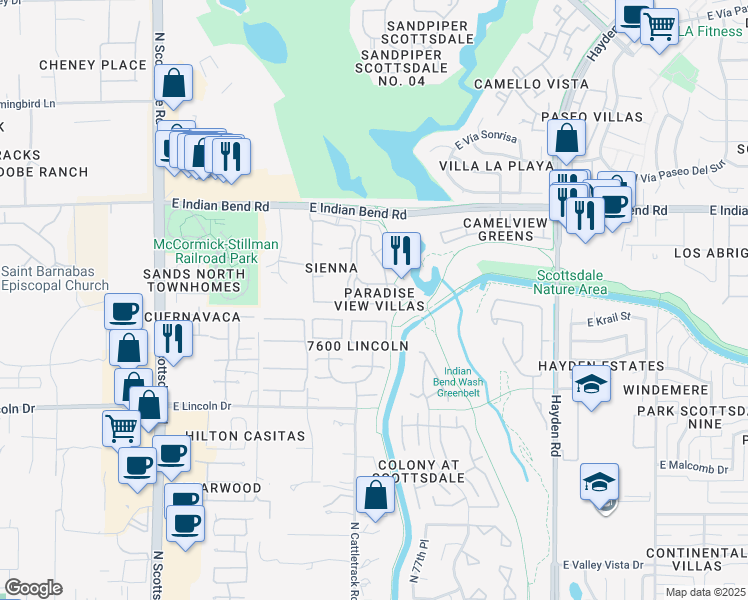 map of restaurants, bars, coffee shops, grocery stores, and more near 7627 East Indian Bend Road in Scottsdale