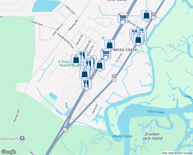 map of restaurants, bars, coffee shops, grocery stores, and more near 695 Pendergrass Avenue in Murrells Inlet