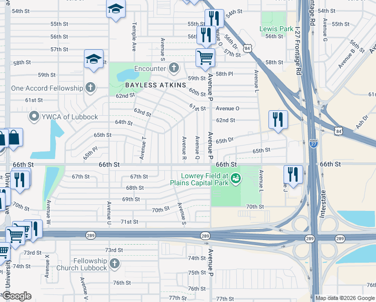 map of restaurants, bars, coffee shops, grocery stores, and more near 6434 Avenue Q in Lubbock