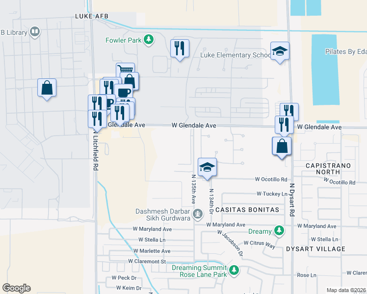 map of restaurants, bars, coffee shops, grocery stores, and more near 13517 West Glendale Avenue in Glendale