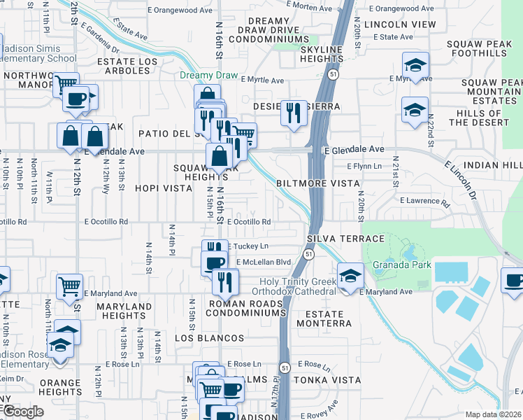 map of restaurants, bars, coffee shops, grocery stores, and more near 1710 East Ocotillo Road in Phoenix
