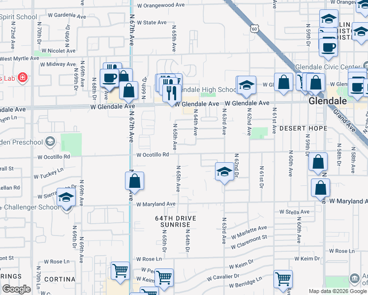 map of restaurants, bars, coffee shops, grocery stores, and more near 6423 West Lawrence Lane in Glendale