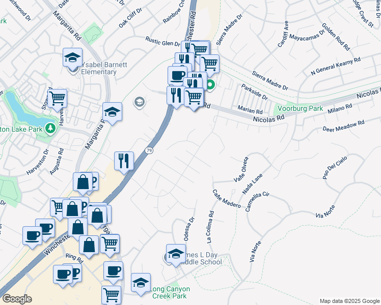 map of restaurants, bars, coffee shops, grocery stores, and more near 27502 Dandelion Court in Temecula
