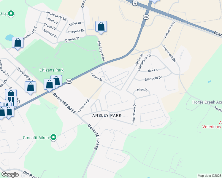 map of restaurants, bars, coffee shops, grocery stores, and more near 144 Squire Street in Aiken