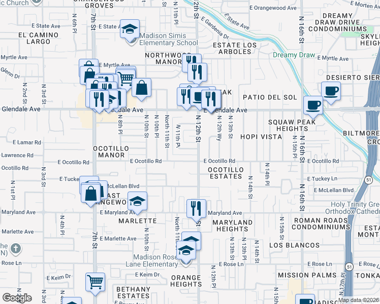 map of restaurants, bars, coffee shops, grocery stores, and more near 1120 East Lawrence Road in Phoenix