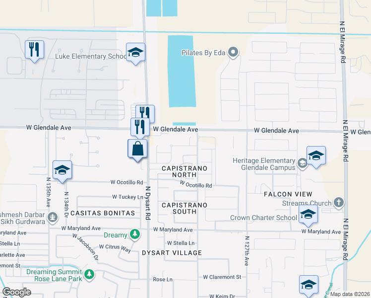 map of restaurants, bars, coffee shops, grocery stores, and more near 12927 West Flynn Lane in Glendale