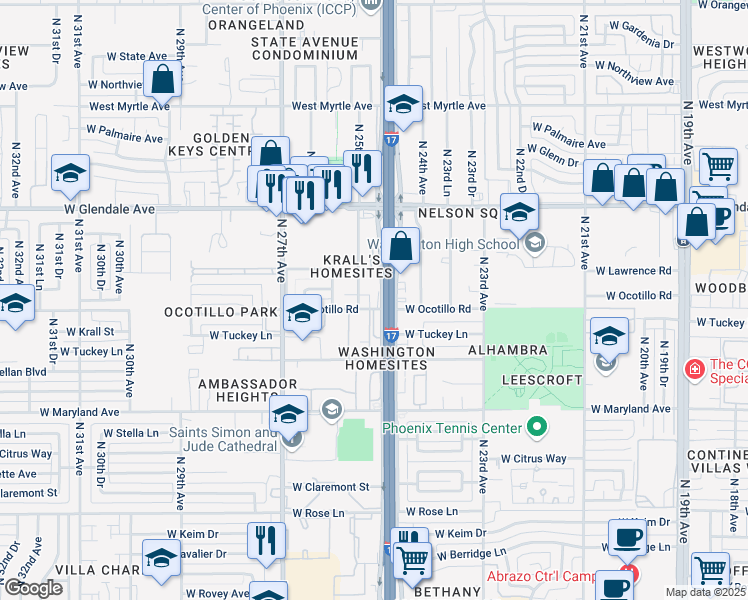 map of restaurants, bars, coffee shops, grocery stores, and more near 2502 West Ocotillo Road in Phoenix