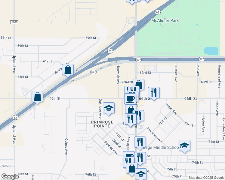 map of restaurants, bars, coffee shops, grocery stores, and more near 6606 66th Street in Lubbock