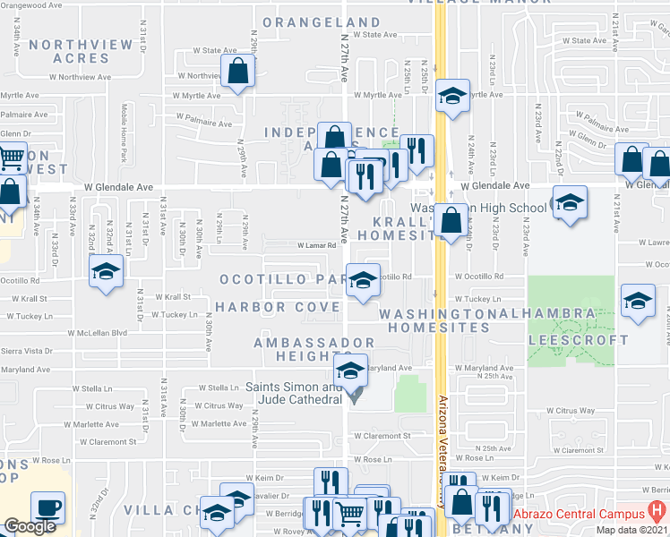 map of restaurants, bars, coffee shops, grocery stores, and more near 6702 N 27th Ave in Phoenix