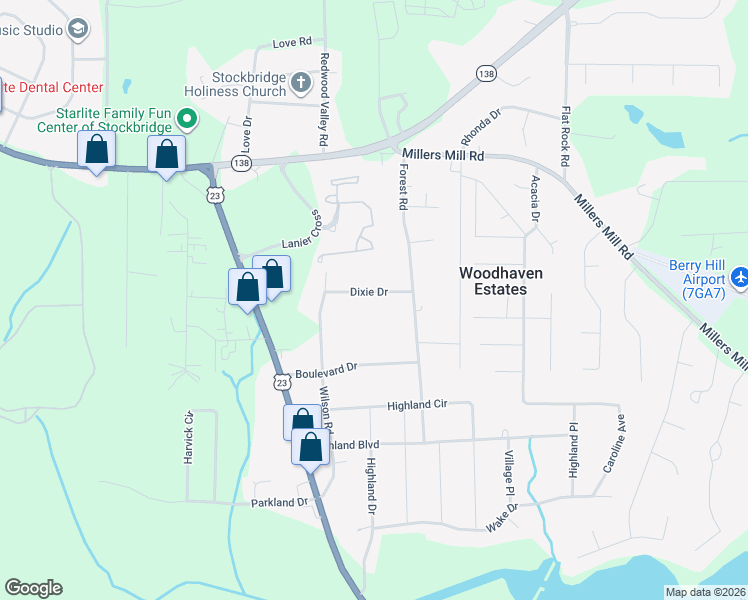 map of restaurants, bars, coffee shops, grocery stores, and more near 15 Dixie Drive in Stockbridge