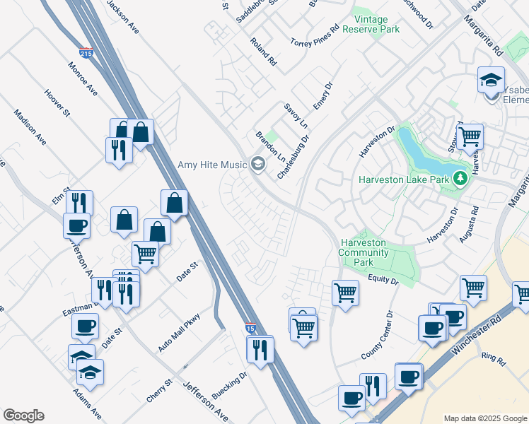 map of restaurants, bars, coffee shops, grocery stores, and more near 40567 Birchfield Drive in Temecula