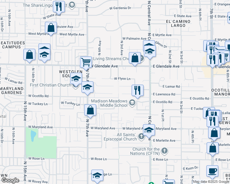 map of restaurants, bars, coffee shops, grocery stores, and more near 318 West Lawrence Road in Phoenix