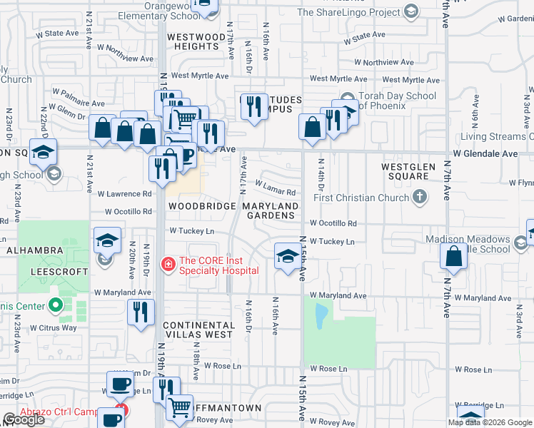 map of restaurants, bars, coffee shops, grocery stores, and more near 6701 North 16th Drive in Phoenix