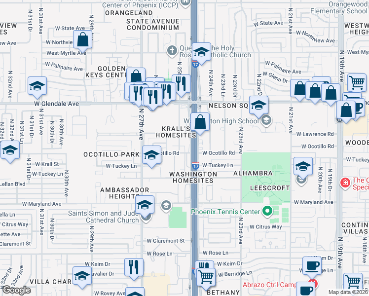 map of restaurants, bars, coffee shops, grocery stores, and more near 6713 North 25th Drive in Phoenix