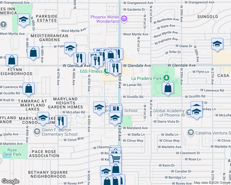map of restaurants, bars, coffee shops, grocery stores, and more near 6746 North 43rd Avenue in Glendale
